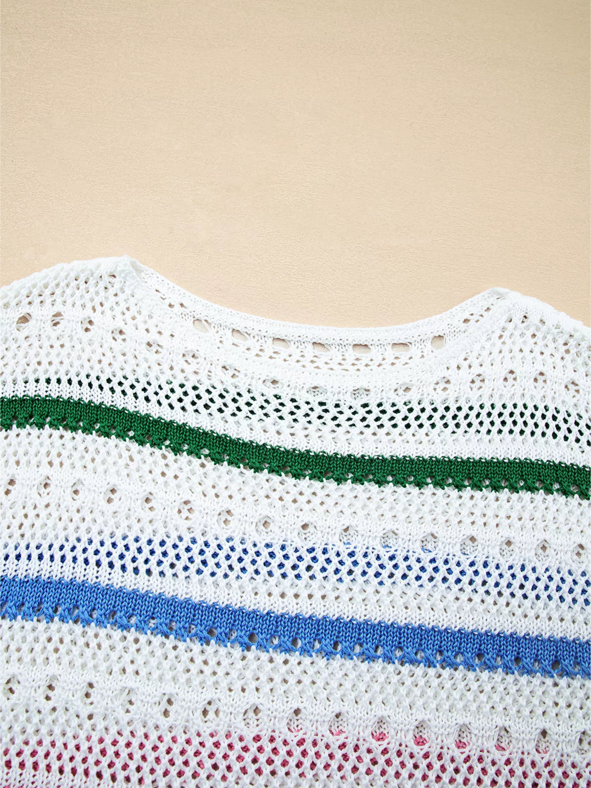 Trendsi color block striped pointelle knit sweater with long sleeves and crew neckline, featuring vibrant color accents.