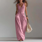 Eprolo V-neck button-front vest jumpsuit in lightweight fabric, featuring a sleeveless design and wide-leg trousers.