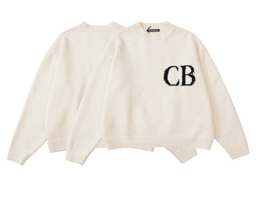 Unisex Casual Oversized CB Letter Knit Crew Neck Sweater