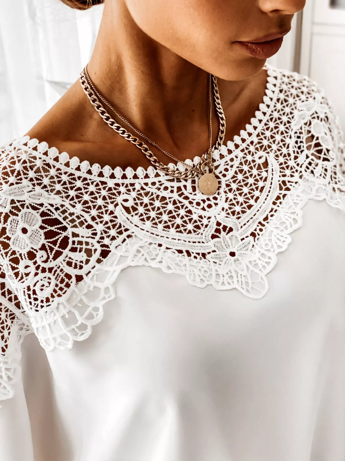 Plush Fashion Hub lace trim long sleeve blouse with delicate lace details and elegant fit, perfect for stylish casual or formal wear.
