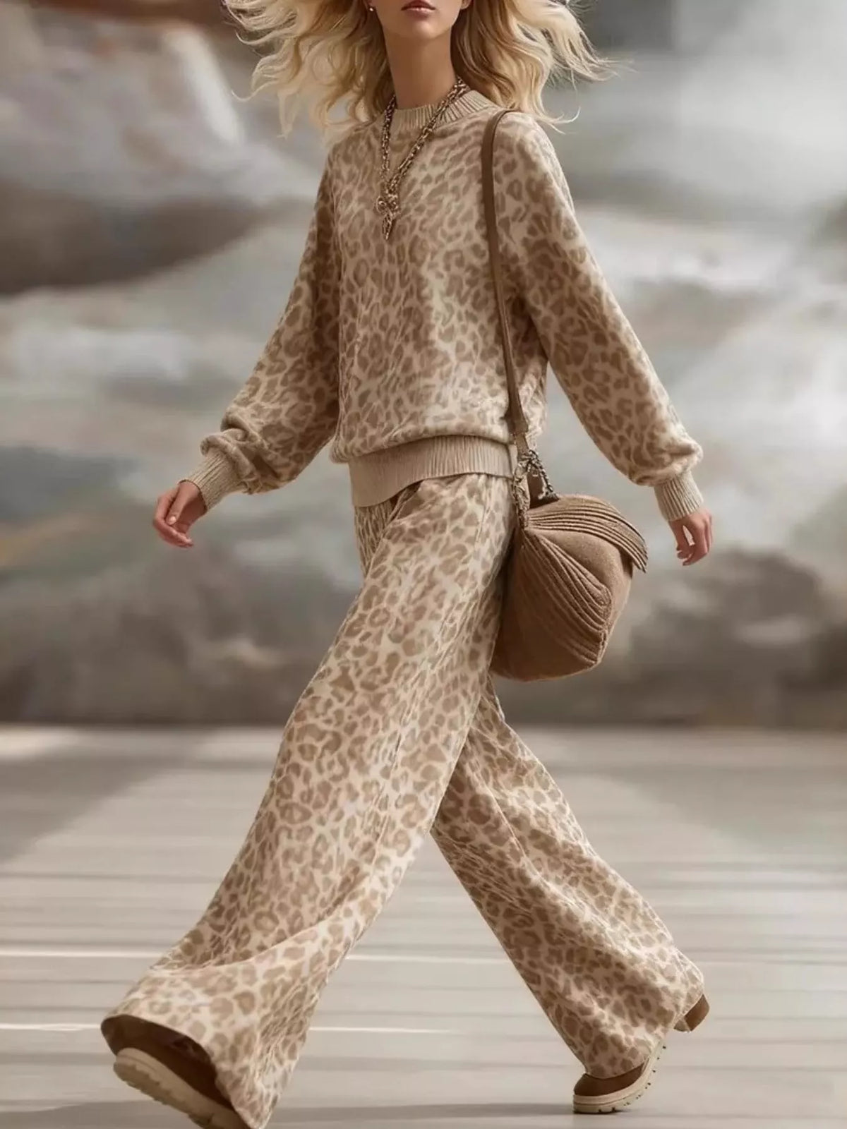 Leopard print dropped shoulder top and matching pants set by Trendsi, stylish and casual outfit for everyday wear.