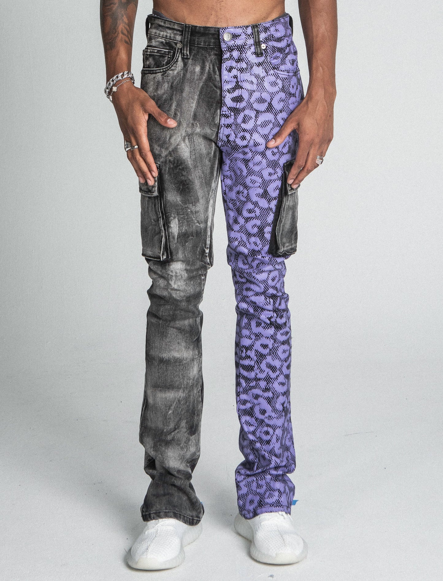 Purple cheetah print stacked cargo jeans by Plush Fashion Hub, featuring rugged pockets and a trendy streetwear style.