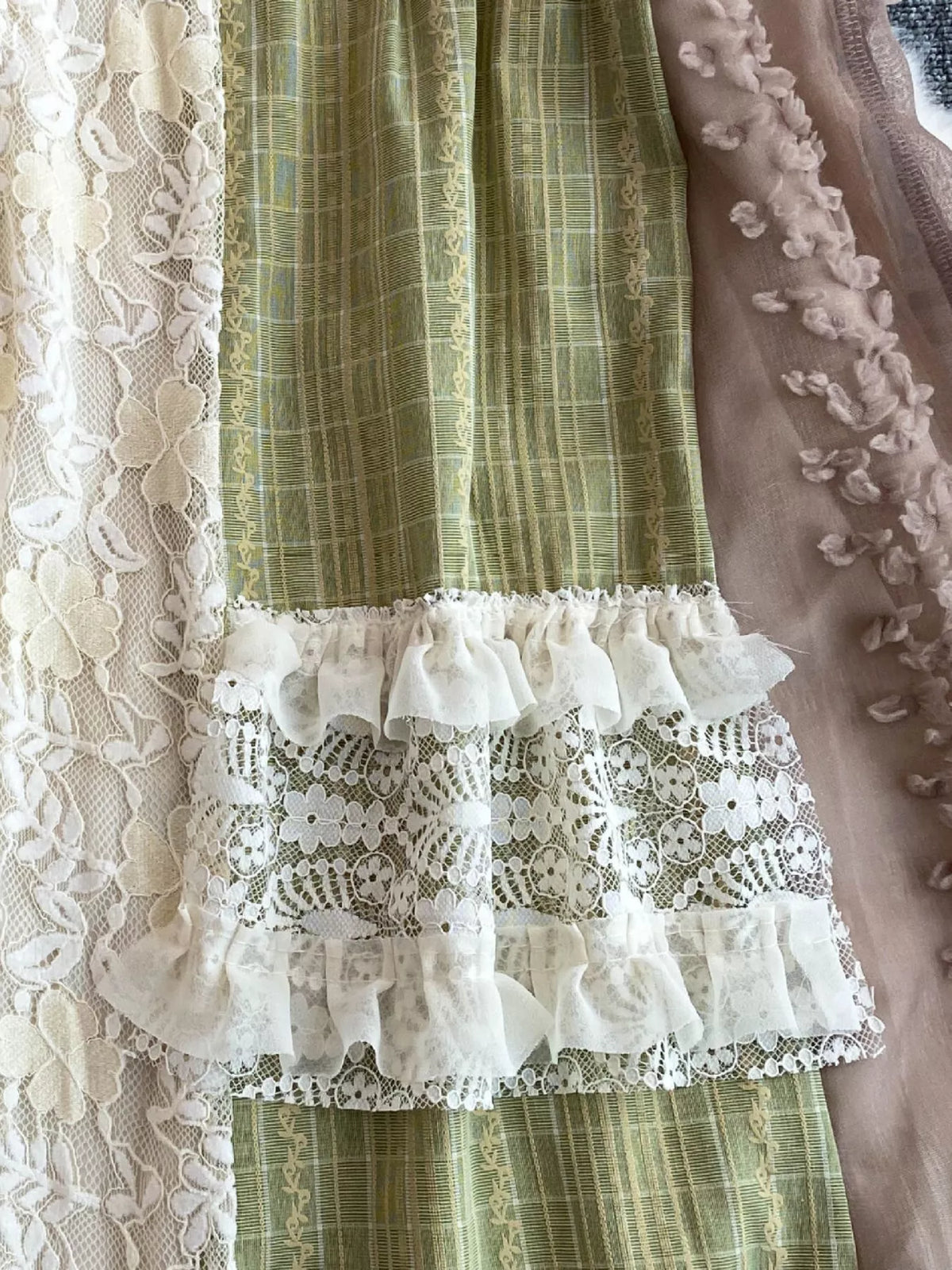 Boho patchwork lace-trimmed A-line tiered dress by Plush Fashion Hub featuring colorful fabric and bohemian style.