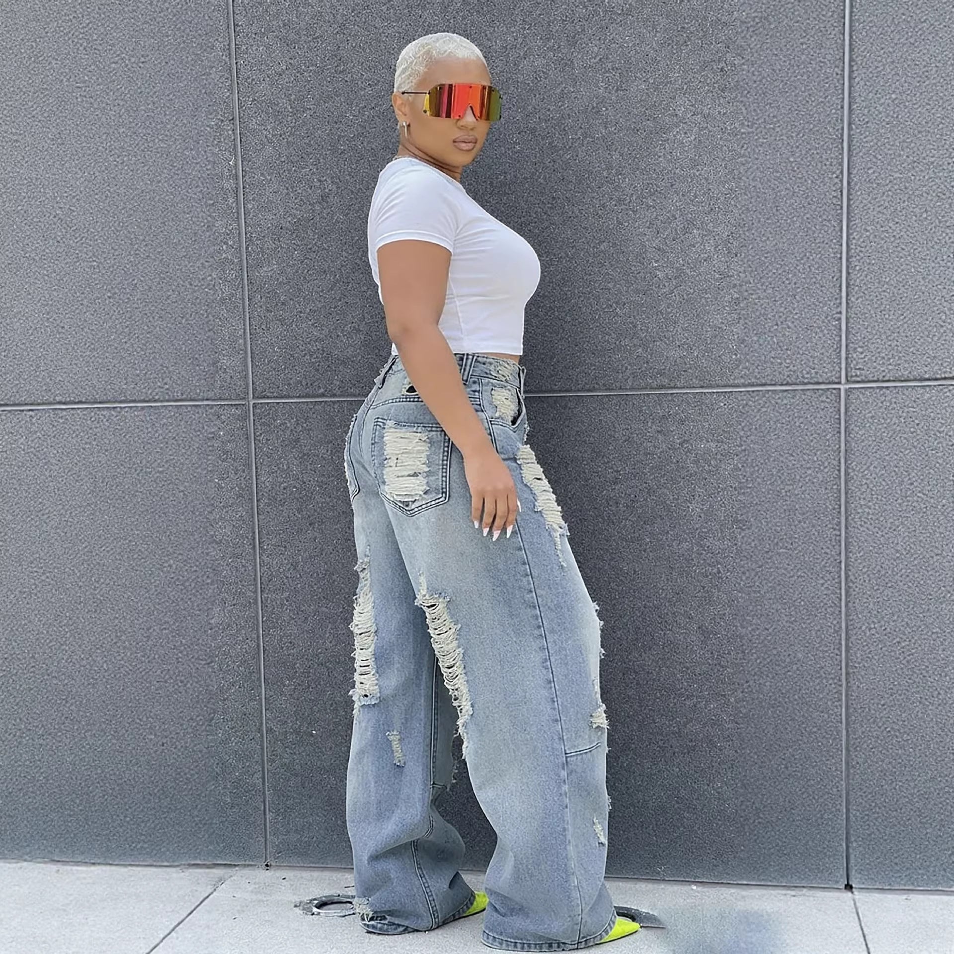 Washed Straight Leg Ripped Jeans
