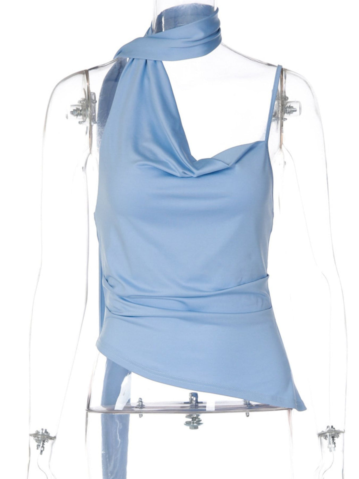Women’s asymmetrical ruched cami top with tie detail from Plush Fashion Hub, featuring a stylish and modern sleeveless design.