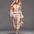 FitiqueFit French-Style long sleeve top and pants casualwear set with chic patchwork design, perfect for relaxed, stylish outfits.