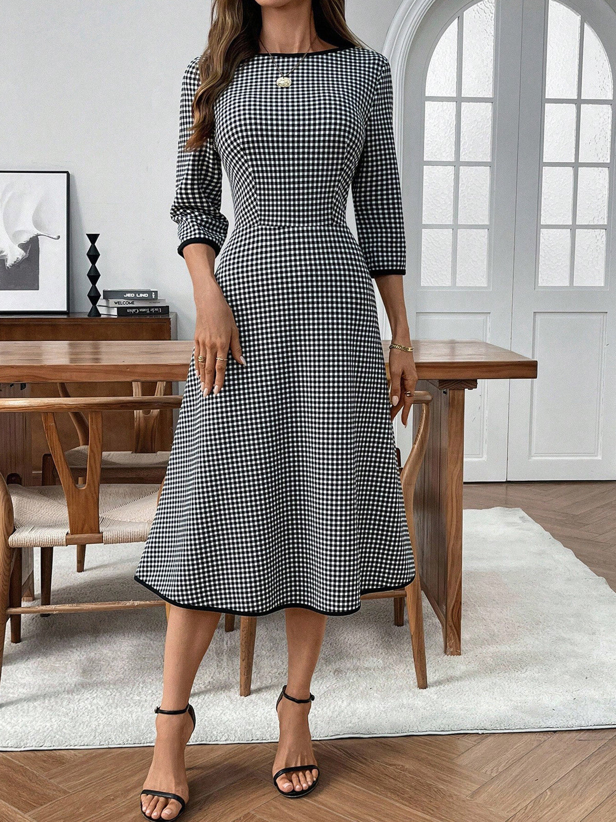Plush Fashion Hub classic plaid round neck midi dress with 3/4 sleeves, perfect for casual or semi-formal occasions.