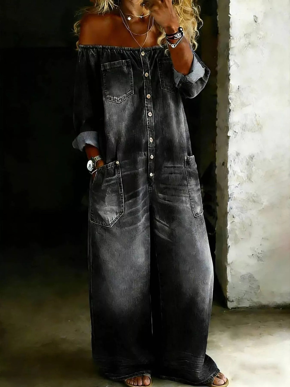 Plus size off-shoulder button-down jumpsuit with wide-leg design from Plush Fashion Hub, shown in a full-length view.