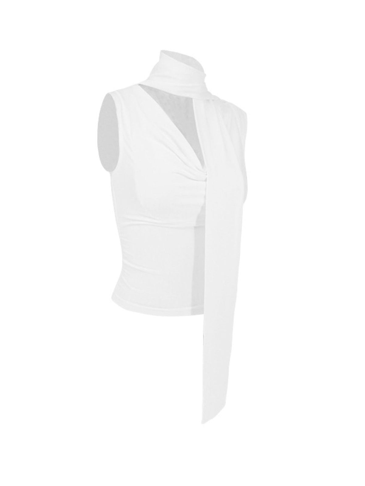 Elegant satin-feel cowl neck sleeveless blouse with ruched detailing, designed by Plush Fashion Hub, shown in a close-up view.
