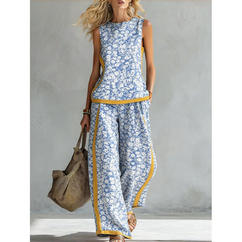 Printed retro sleeveless top and wide-leg pants two-piece set by FitiqueFit featuring vibrant 12 print designs, available in sizes S–5XL.
