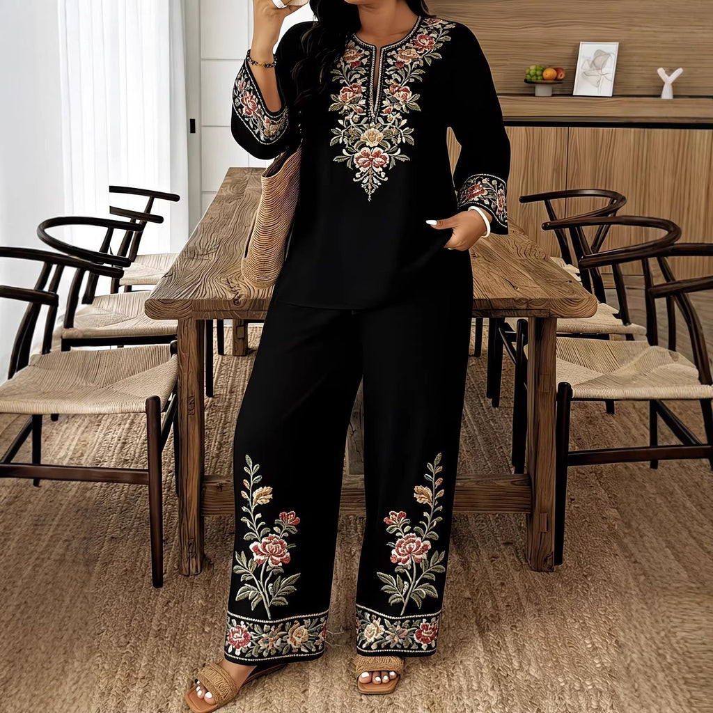 Women’s ethnic casualwear two-piece set by FitiqueFit featuring a long sleeve shirt and cropped pants, stylish and comfortable.