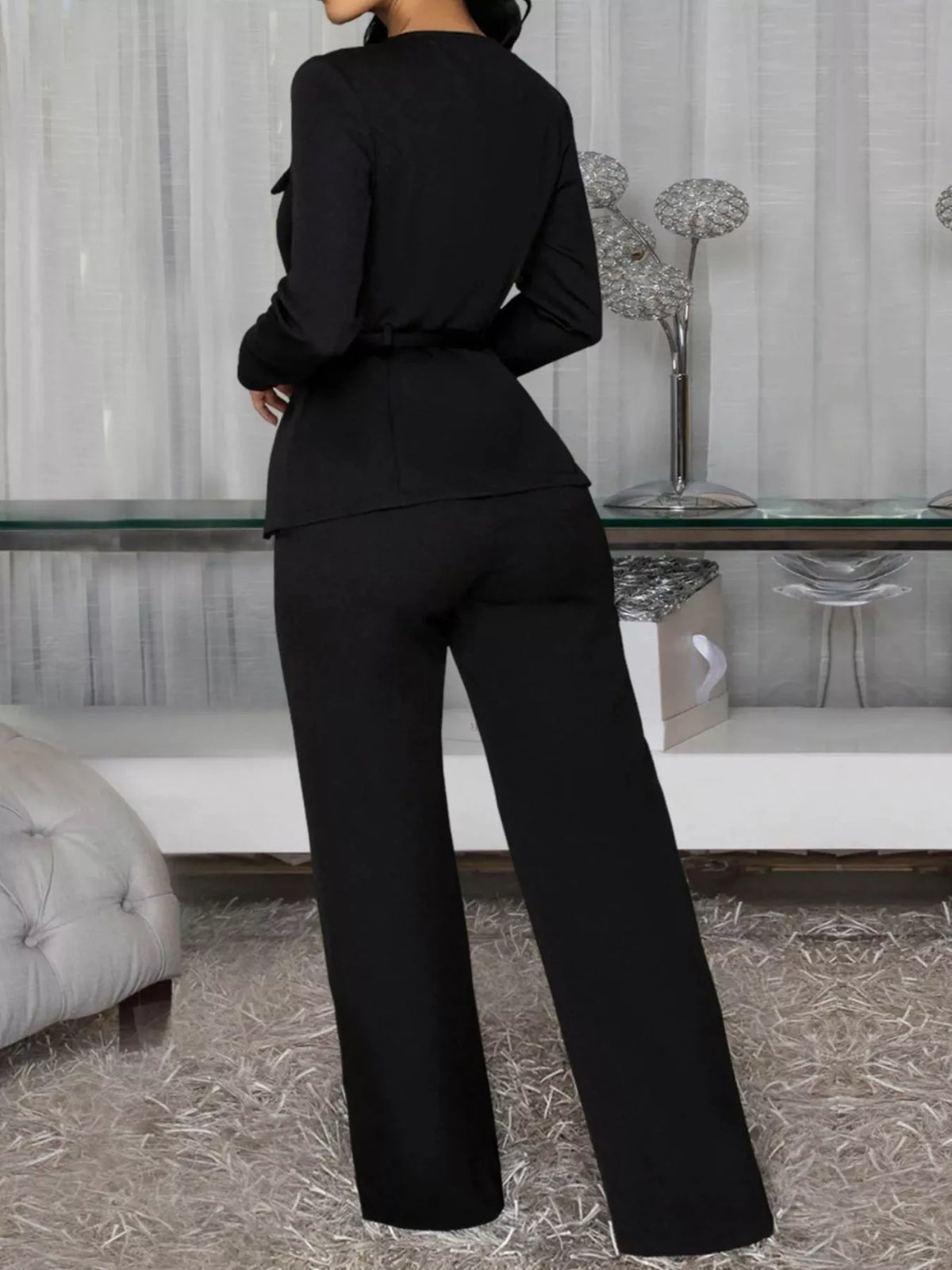 Womens long sleeve button-up top and matching pants set by Trendsi, featuring a stylish, coordinated outfit in neutral fabric.