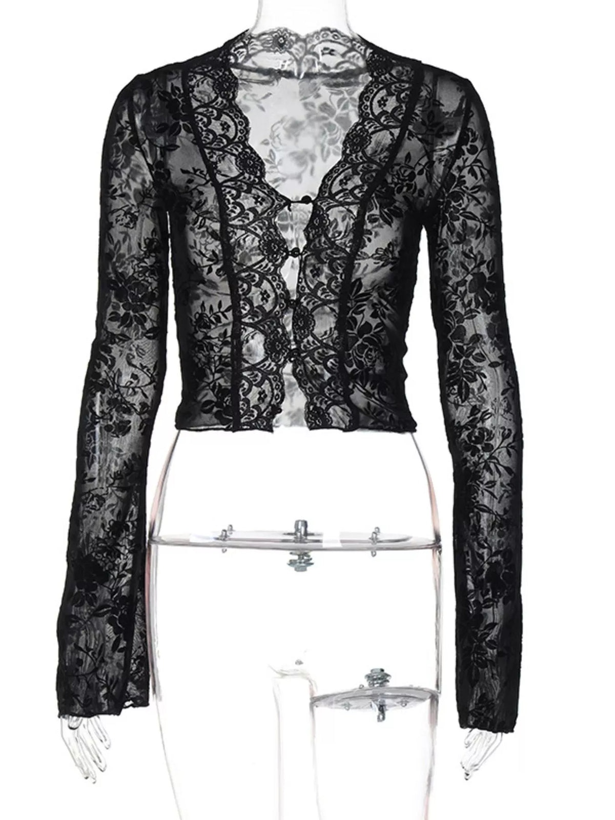 Lace detail long sleeve top by Plush Fashion Hub, featuring intricate lace accents and a stylish fit for casual or dressy wear.