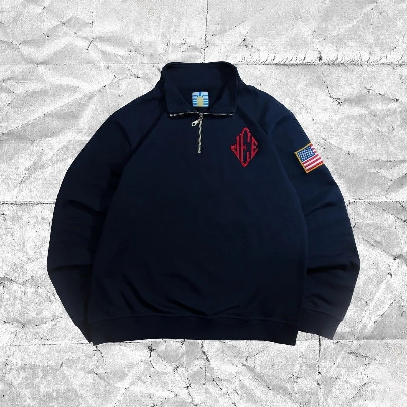 Vintage Retro Embroidered Hooded Polo Sweatshirt
