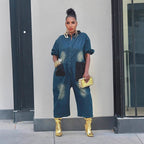 Color-Block Patchwork Denim Wide-Leg Jumpsuit
