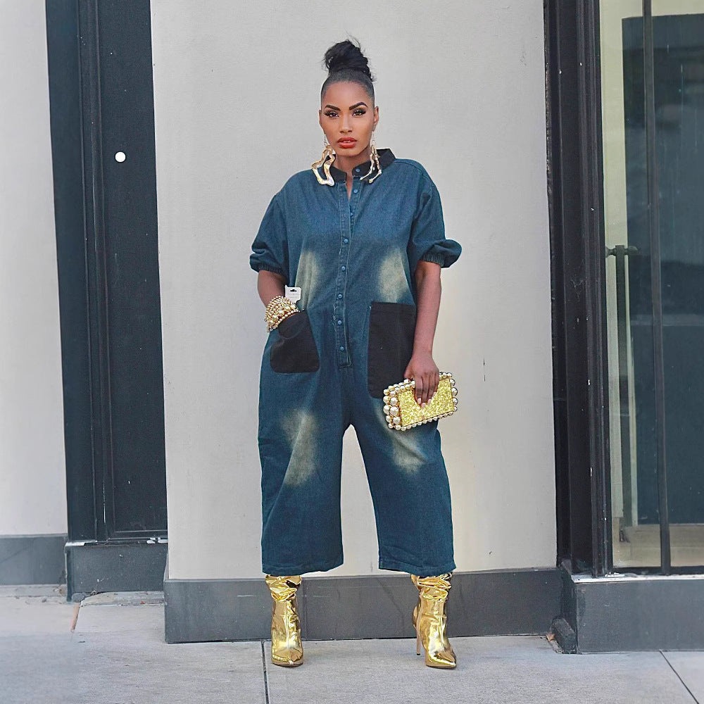 Color-Block Patchwork Denim Wide-Leg Jumpsuit