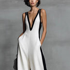 Women's color-block sleeveless V-neck wide-leg jumpsuit in casualwear style by Plush Fashion Hub, featuring long pants and a stylish silhouette.