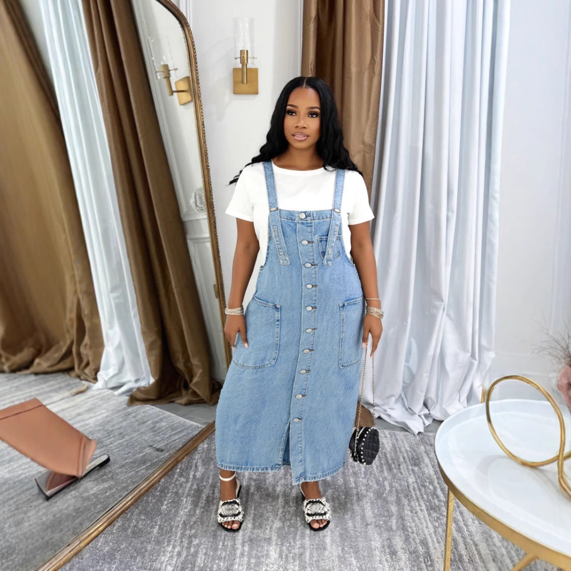 Women's Single-Button Sleeveless Denim Overall Dress