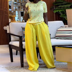 Heart Print Round Neck Top and Wide Leg Pants Set