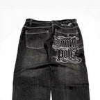 Eprolo retro washed wide-leg denim jeans with distressed details and high-waisted fit, styled on a model.