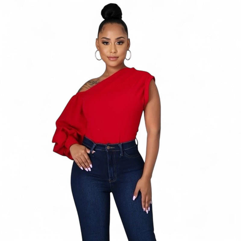 Plush Fashion Hub one shoulder puff sleeve blouse with ruffled sleeve and fitted bodice, stylish and elegant women's top.