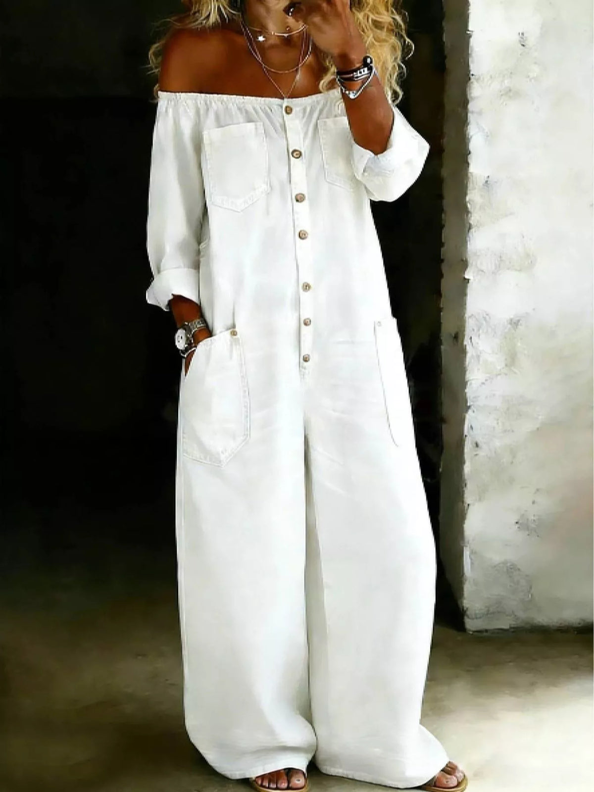 Plus size off-shoulder button-down jumpsuit with wide-leg design from Plush Fashion Hub, featuring a stylish and comfortable fit.
