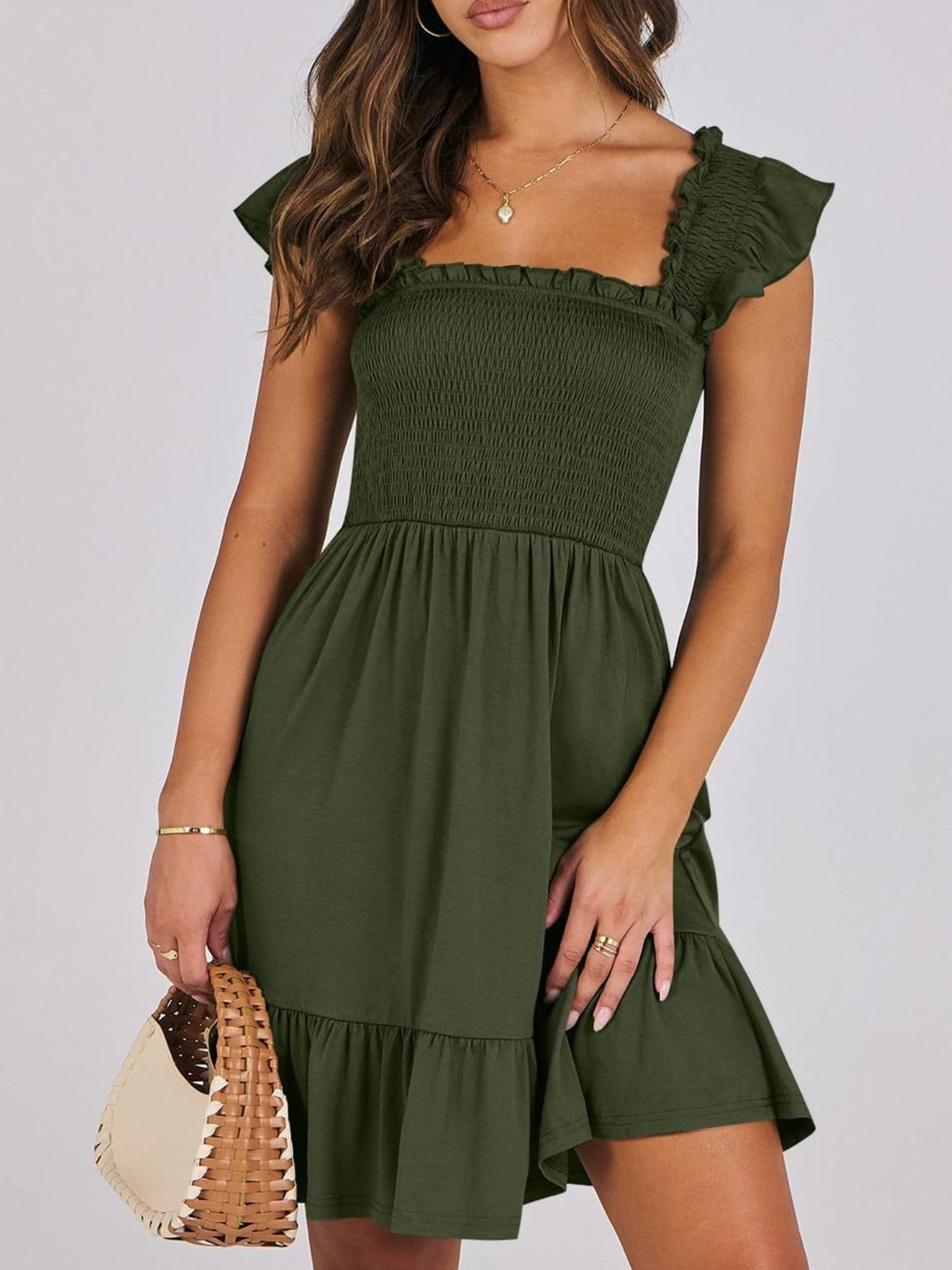 Women's lightweight summer dress with smocked bodice and ruffle hem, casual mini dress by Plush Fashion Hub.