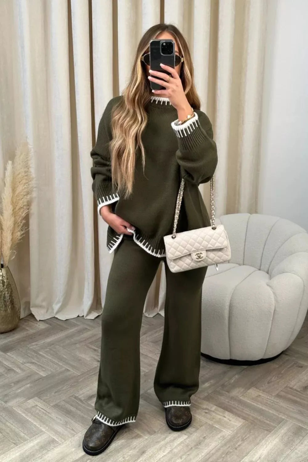 Simply Love contrast trim round neck top and pants sweater set, featuring a cozy knit fabric and stylish design.