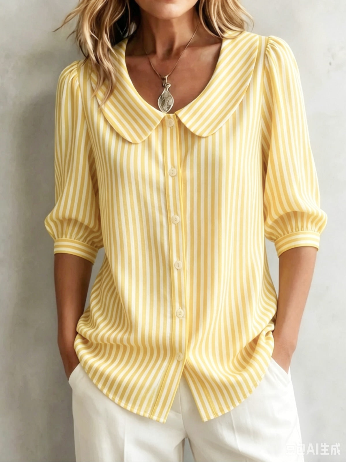 Striped V-neck top by FitiqueFit with three-quarter sleeves, casual wear shirt, featuring a stylish striped pattern and relaxed fit.