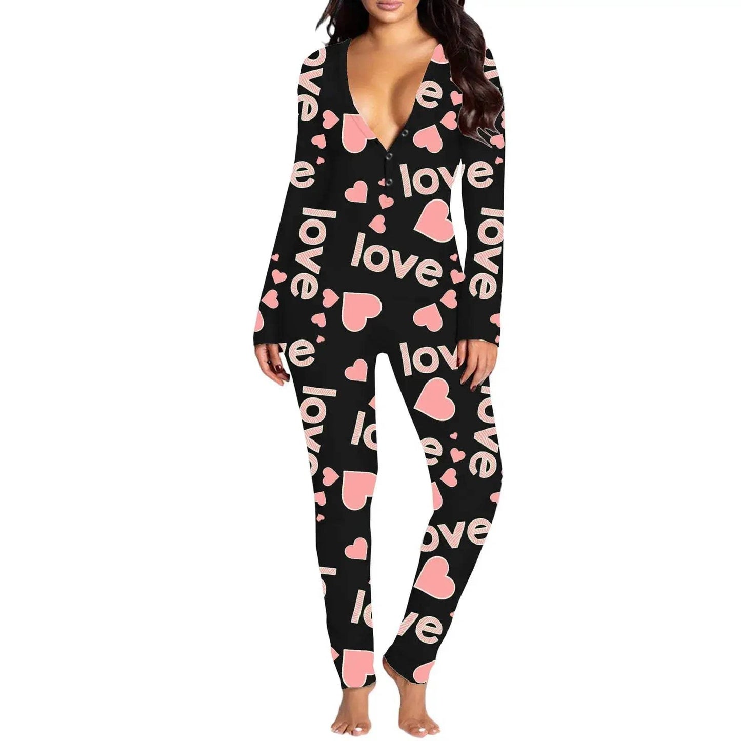 Women Jumpsuit Long Sleeve V Neck Button Closure Letters Heart Print LThe beautiful heart print and V-neck design make it a perfect choice for festive occasions. The long sleeve and button closure add a touch of comfort and conveniencePajamasPlush Fashions ShopPlush Fashion Shop