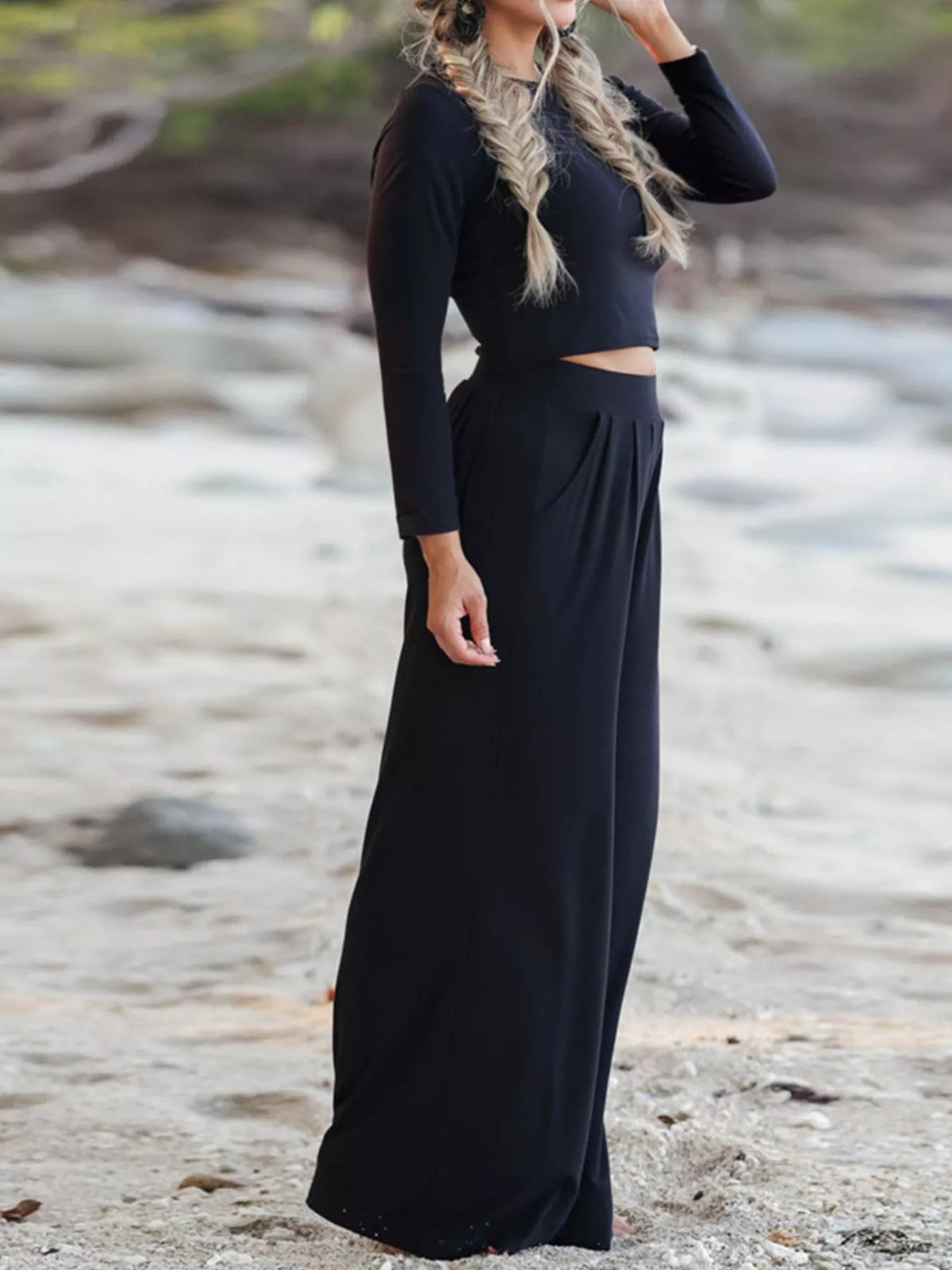 Plush Fashion Hub long sleeve crop top and wide-leg pants set, stylish matching outfit with soft fabric and modern design.