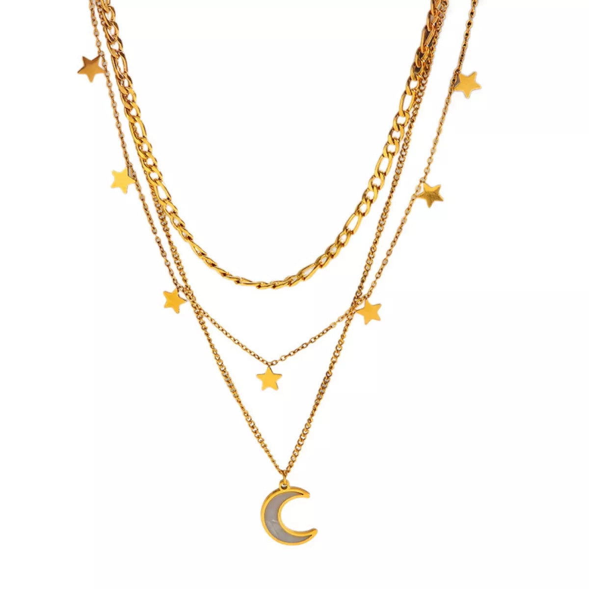 Three-layered moon necklace with 18K gold plating from Plush Fashion Hub, featuring delicate moon charms on a chain.