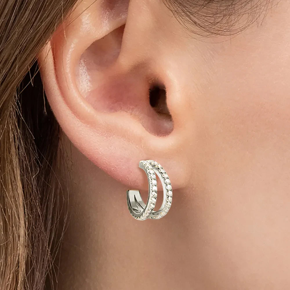 925 sterling silver C-hoop earrings with sparkling moissanite stones, stylish jewelry from Plush Fashion Hub.