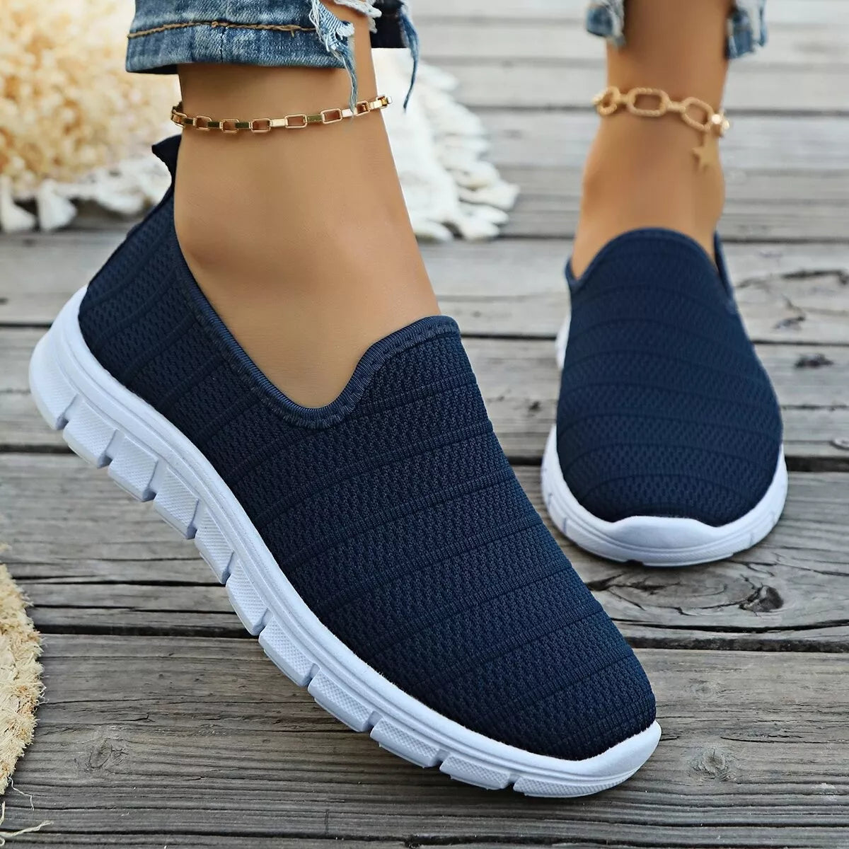 Women’s breathable mesh slip-on casual flats by Plush Fashion Hub, lightweight and comfortable walking shoes with a sleek design.