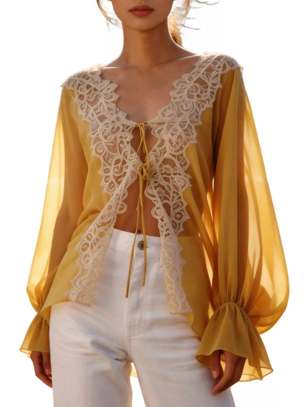 Sheer lace-trimmed front tie blouse for women, stylish and feminine, featuring delicate lace details and a relaxed fit.