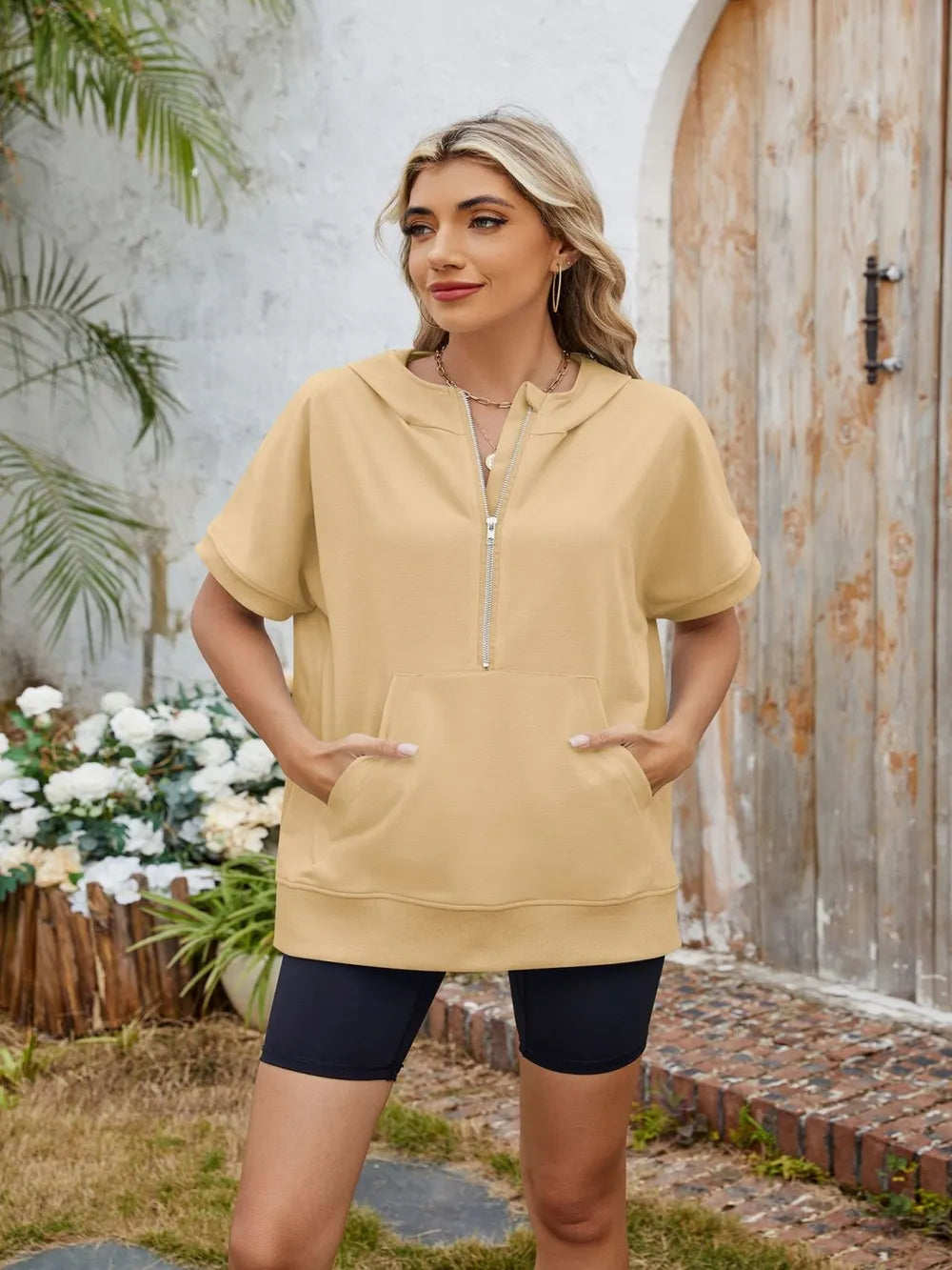 Plush Fashion Hub short sleeve hooded half zip top in casual style, featuring a hood and half zipper for versatile fashion.