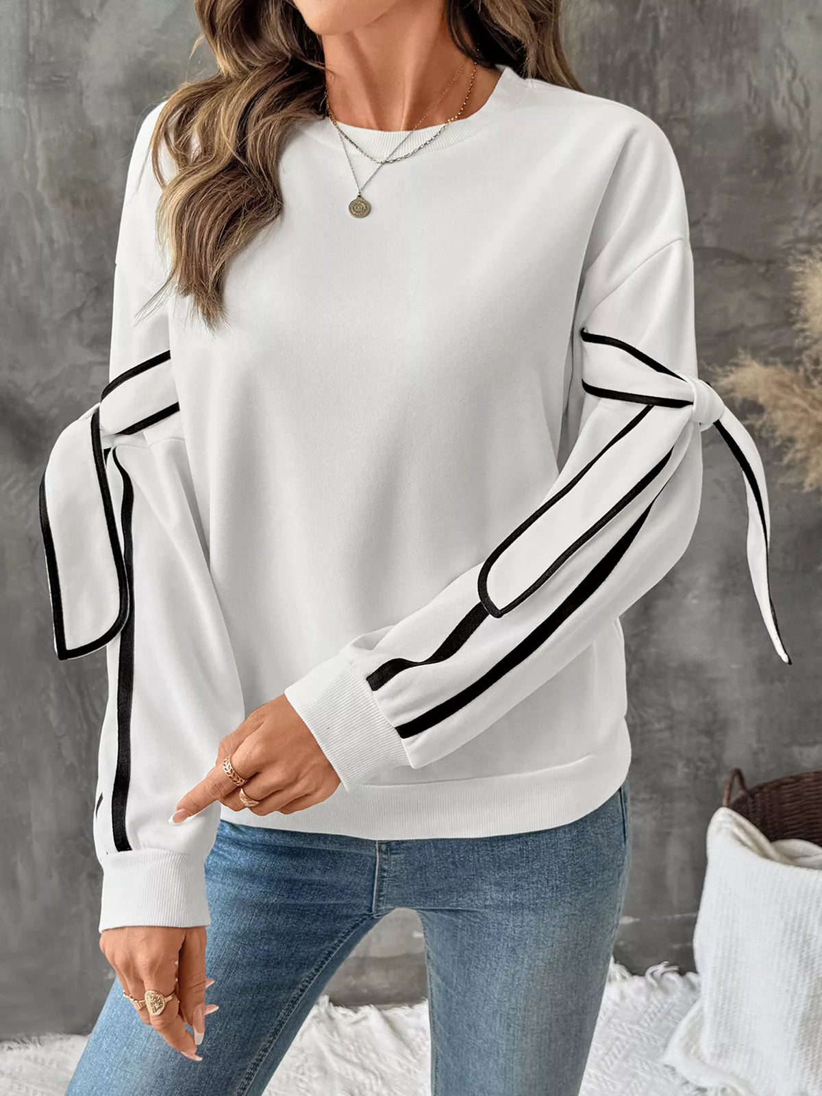 Plush Fashion Hub side striped round neck sweatshirt in a casual tops style with contrasting side stripes.