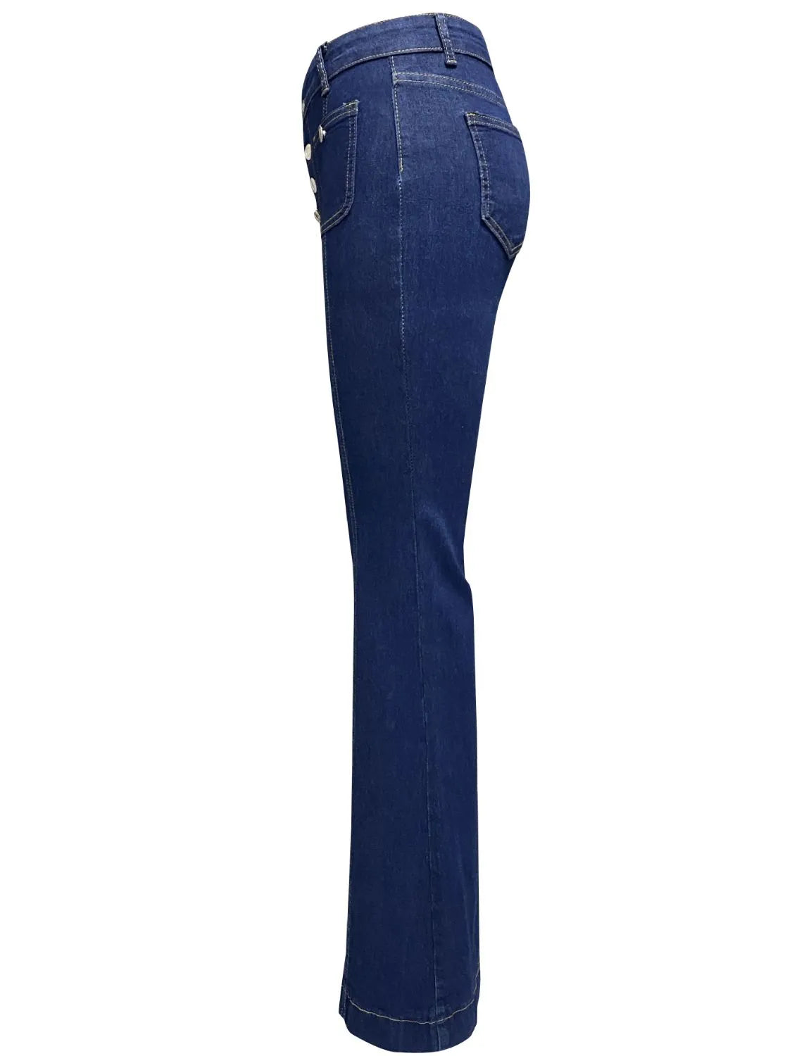 Plush Fashion Hub denim flare jeans with pockets, showcasing a stylish fit and classic blue denim fabric.
