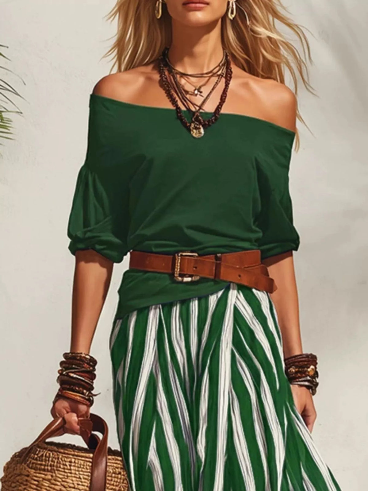 Off shoulder top and striped maxi skirt set from Plush Fashion Hub, featuring a stylish matching ensemble with flowing fabric and trendy design.