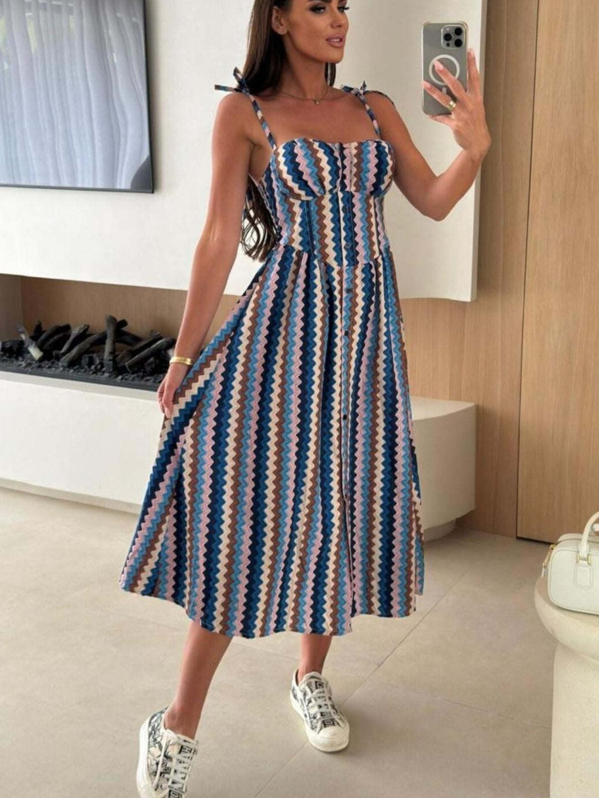 Women's striped tie-shoulder midi dress by Plush Fashion Hub, featuring casual summer style with a chic, relaxed fit.