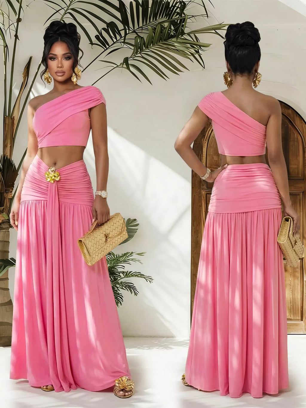 One-shoulder top and ruched maxi skirt set by Trendsi, stylish and elegant, featuring a fitted top and flowing skirt in neutral tones.