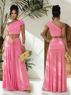 One-shoulder top and ruched maxi skirt set by Trendsi, stylish and elegant, featuring a fitted top and flowing skirt in neutral tones.