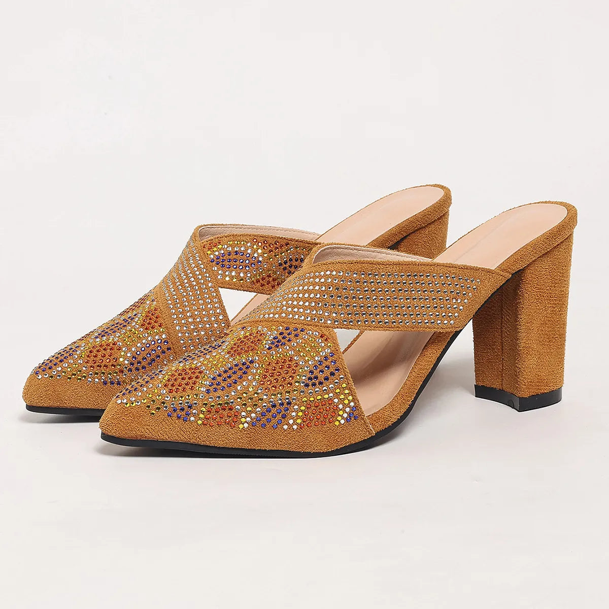 Women's Point Toe Block Heels Sandals by Trendsi featuring sleek design and ankle strap, stylish footwear for elegant occasions.