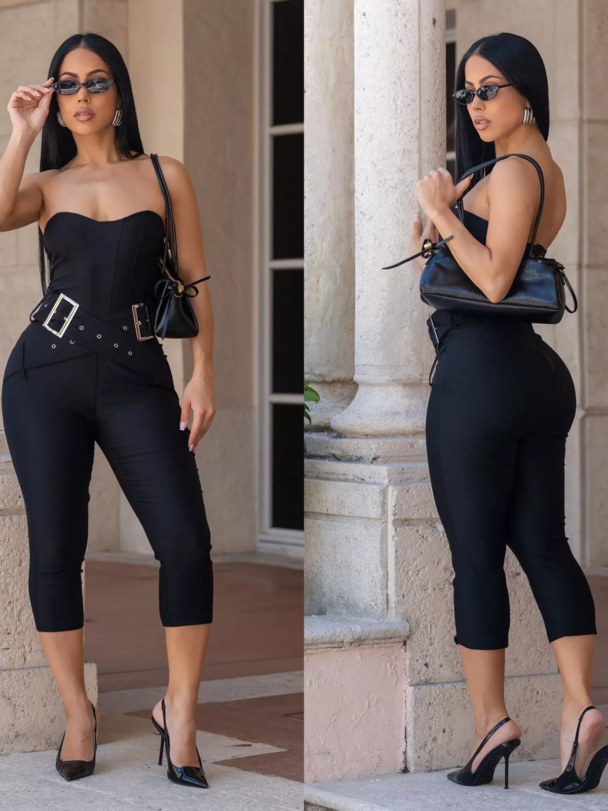 Plush Fashion Hub belted tube skinny jumpsuit with fitted design, made from soft fabric, displayed on a hanger.
