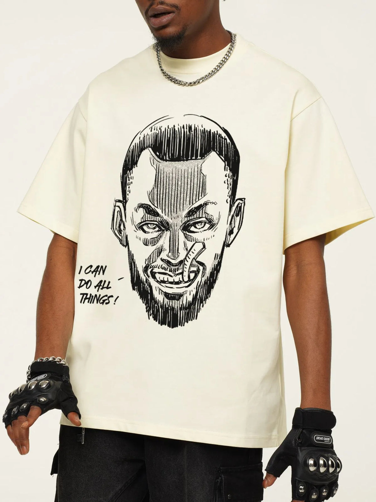 Men's graphic round neck short sleeve T-shirt from Trendsi, featuring a colorful printed design on soft cotton fabric.