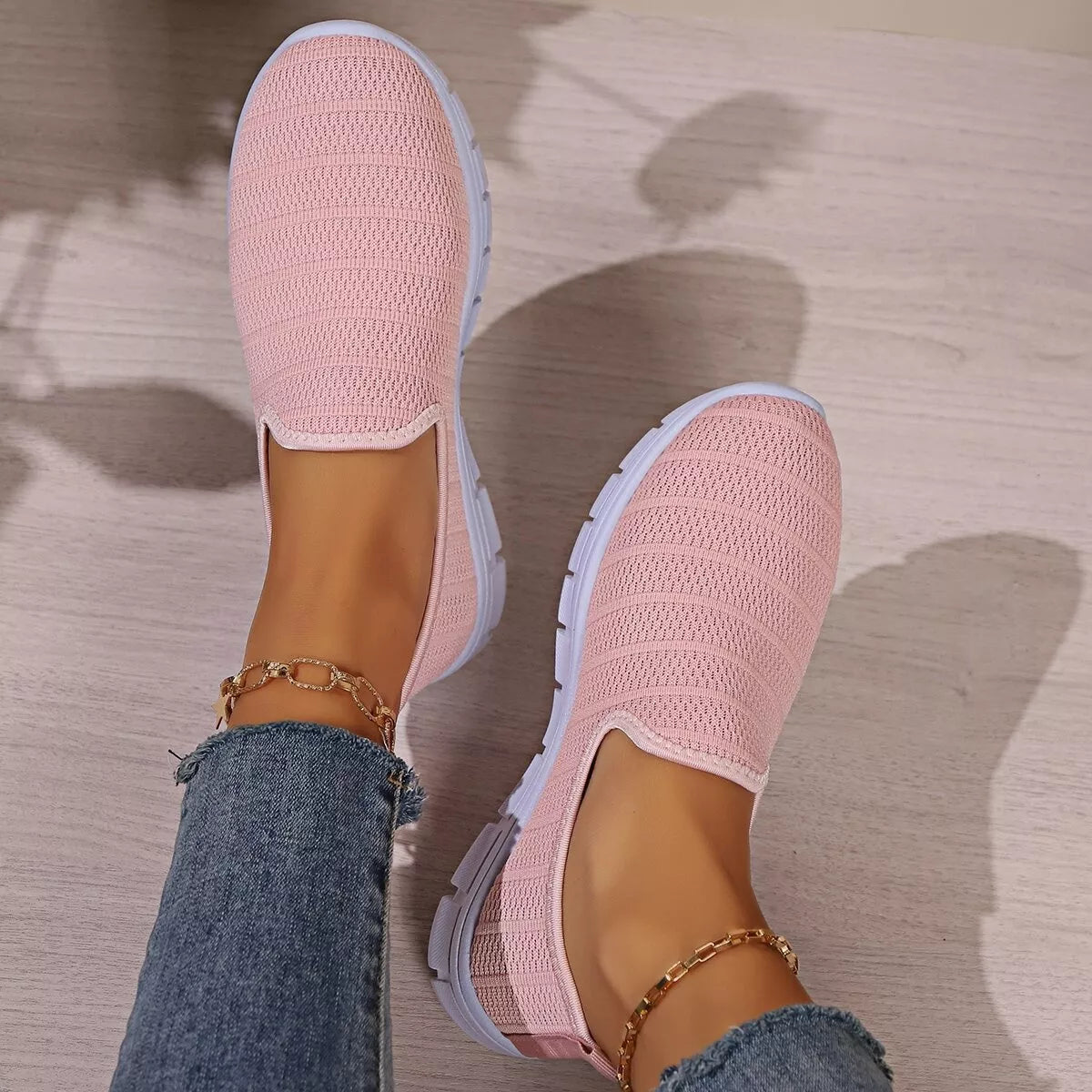 Women’s breathable mesh slip-on casual flats by Plush Fashion Hub, lightweight comfortable walking shoes with mesh uppers.
