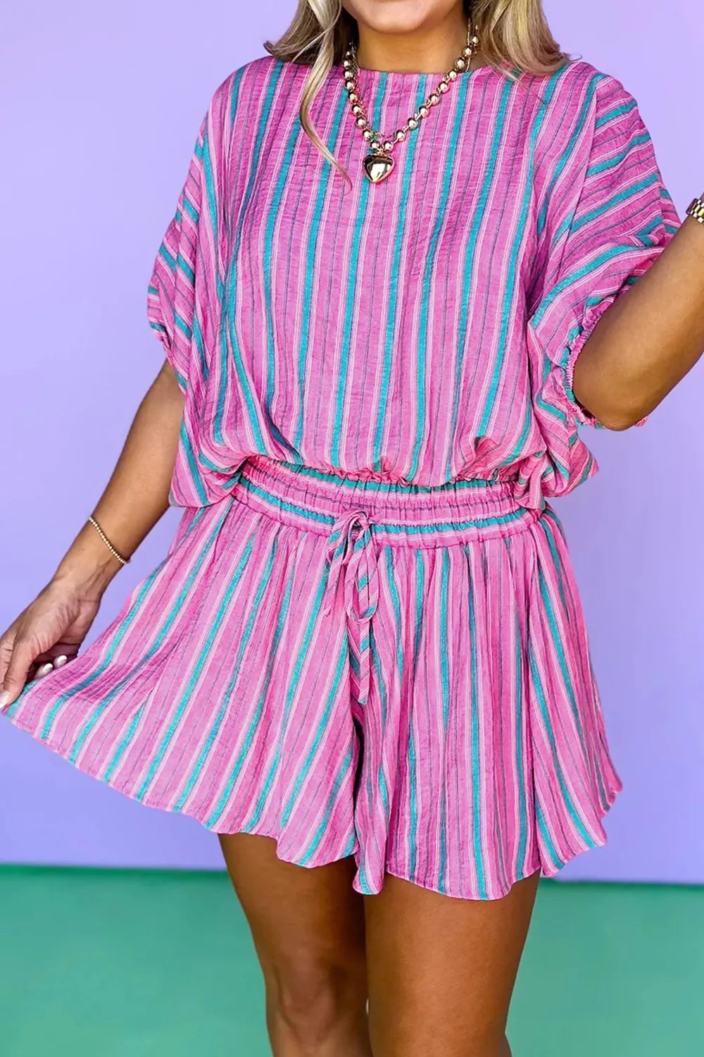 Plush Fashion Hub stripe dolman short sleeve blouse with drawstring elastic waist shorts set, casual and loose-fit summer outfit.