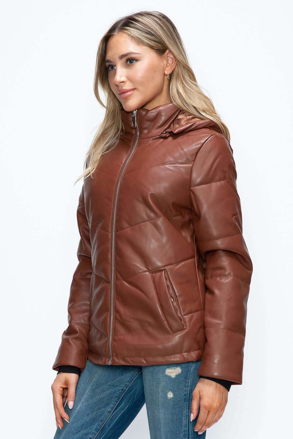 Pocketed Zip Up Puffer Jacket with Removable Hood in brown pleather.