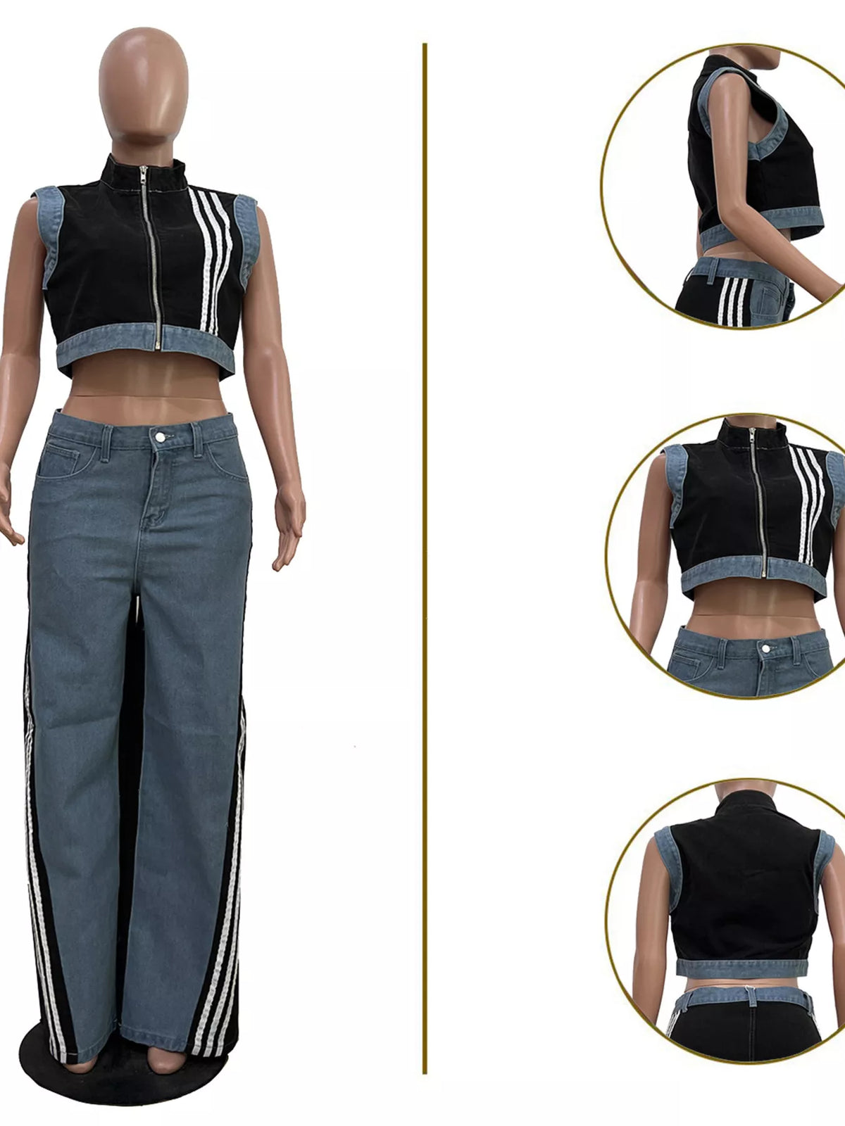 Zip front crop top and striped pants set from Plush Fashion Hub, stylish two-piece outfit with a modern, coordinated look.