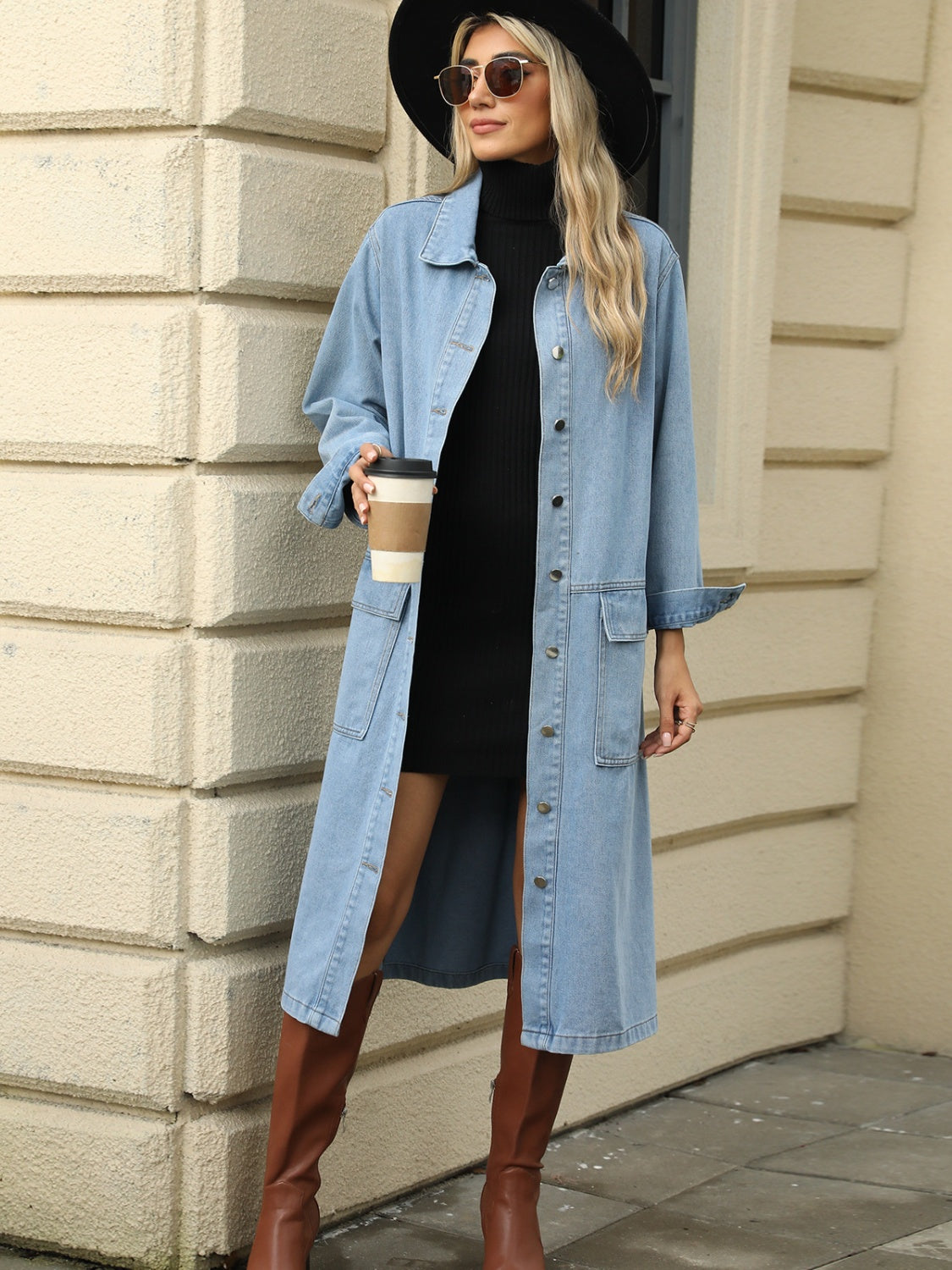 Blue denim collared button-down jacket with chest pockets, casual fashion piece from Plush Fashion Hub.